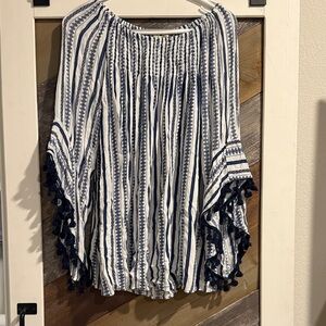 Studio West Navy and White Tassel Blouse